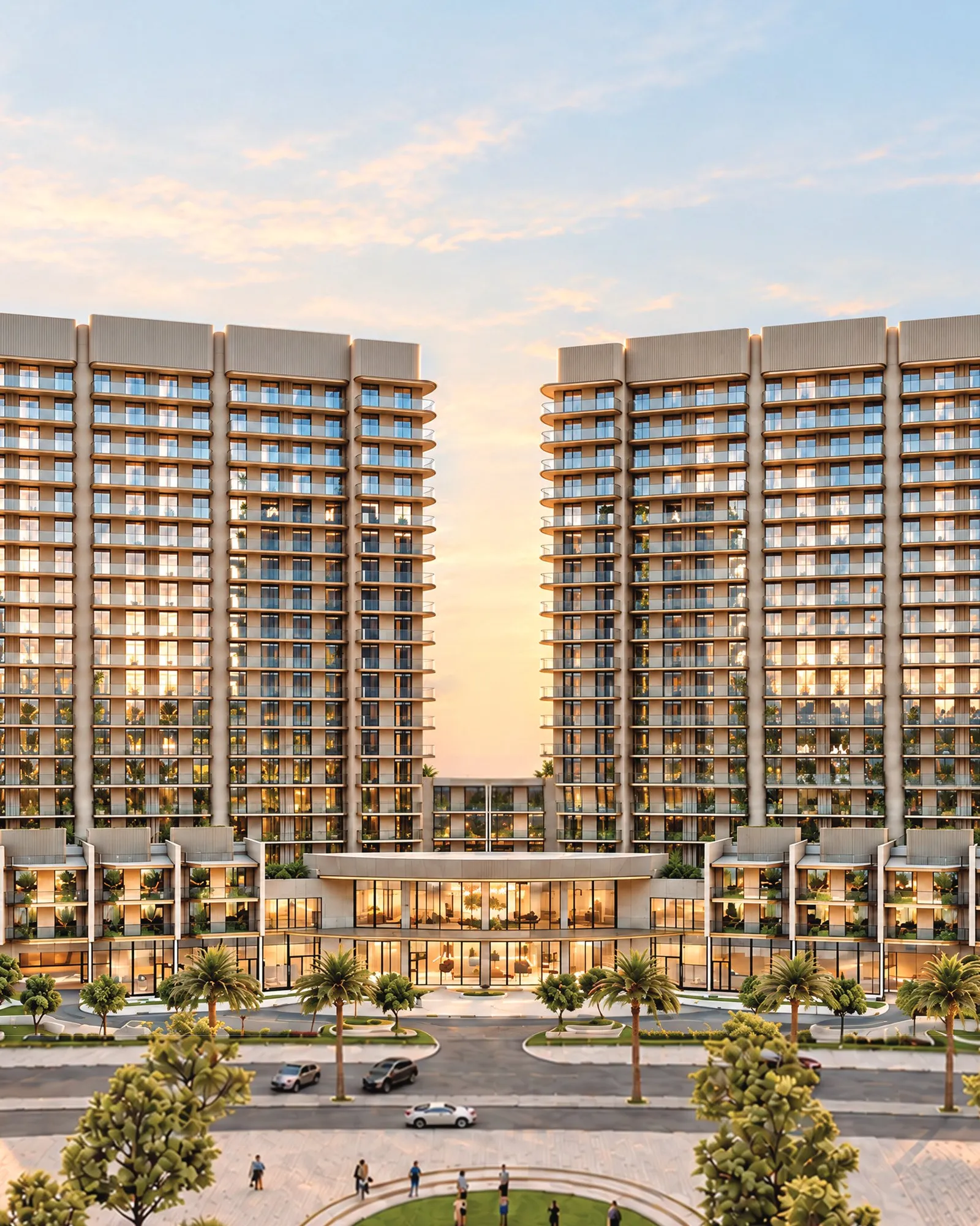 Twin Ardee Views towers at sunset above a palm-lined arrival drive