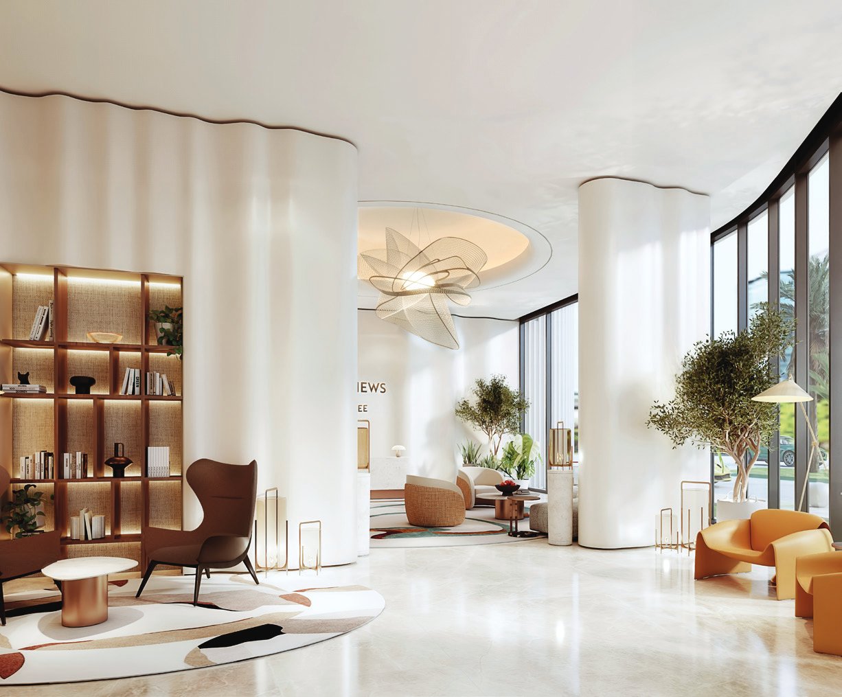 Lounge corner with bookshelves, armchairs and rippled white columns