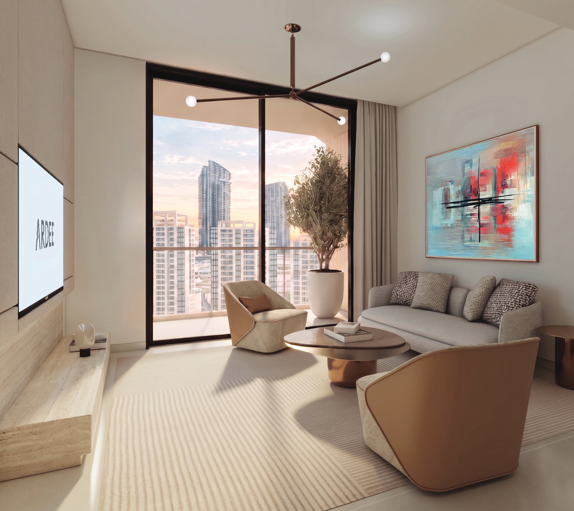 Living room with floor-to-ceiling glass doors opening to a balcony at dusk
